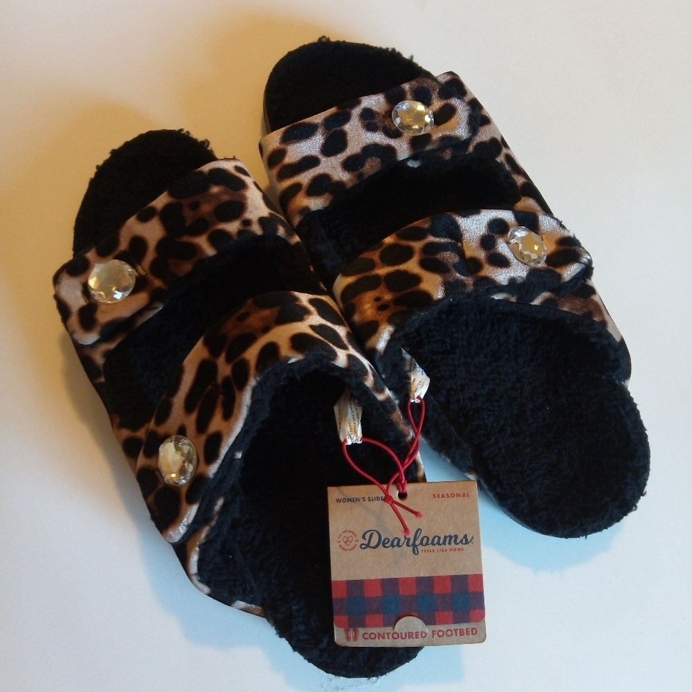 Dearfoams Leopard Print Jeweled Fuzzy Slippers Lg